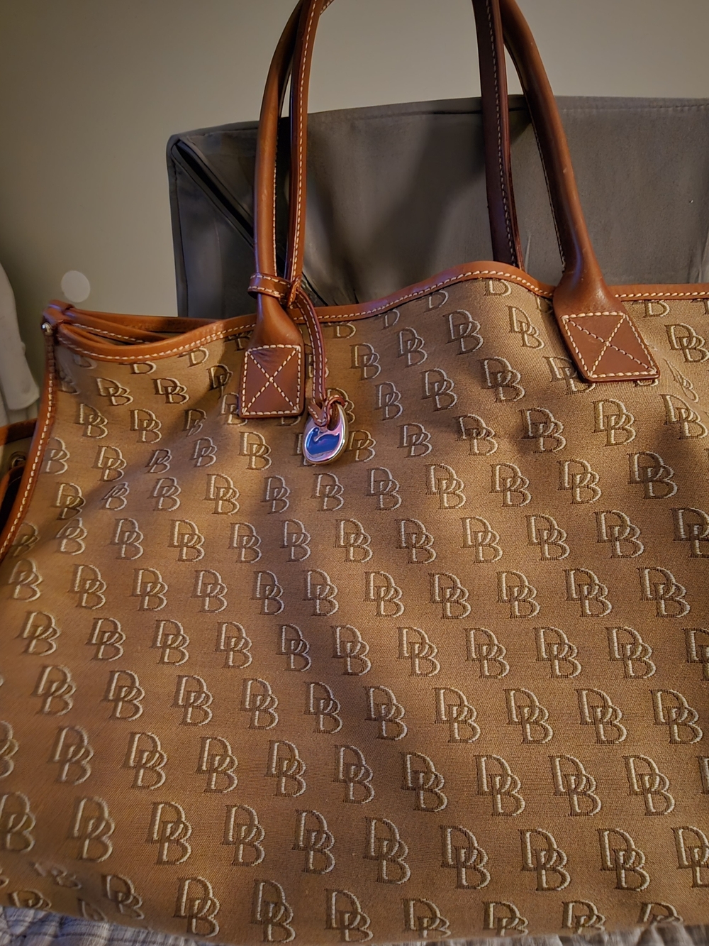 Dooney & Bourke Brown Monogram Canvas Tote with Tan Leather Trim